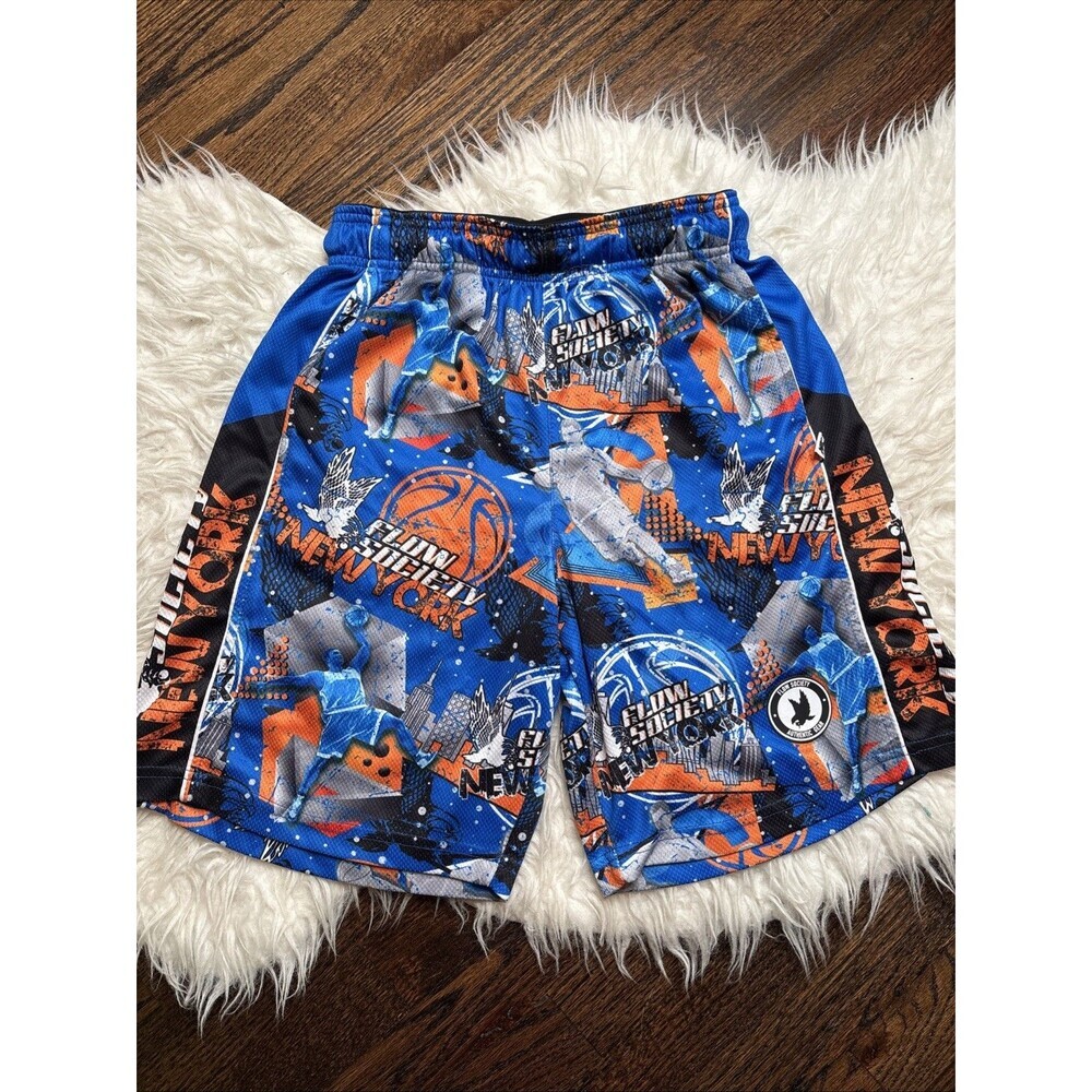 Flow Society Youth L New York Knicks Basketball Mesh Athletic Shorts Blue Orange